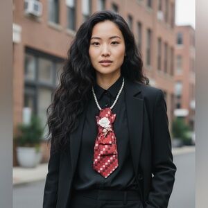 “Dainty Dapper”Elegant Red black and White necktie Necklace. Pretty white rose